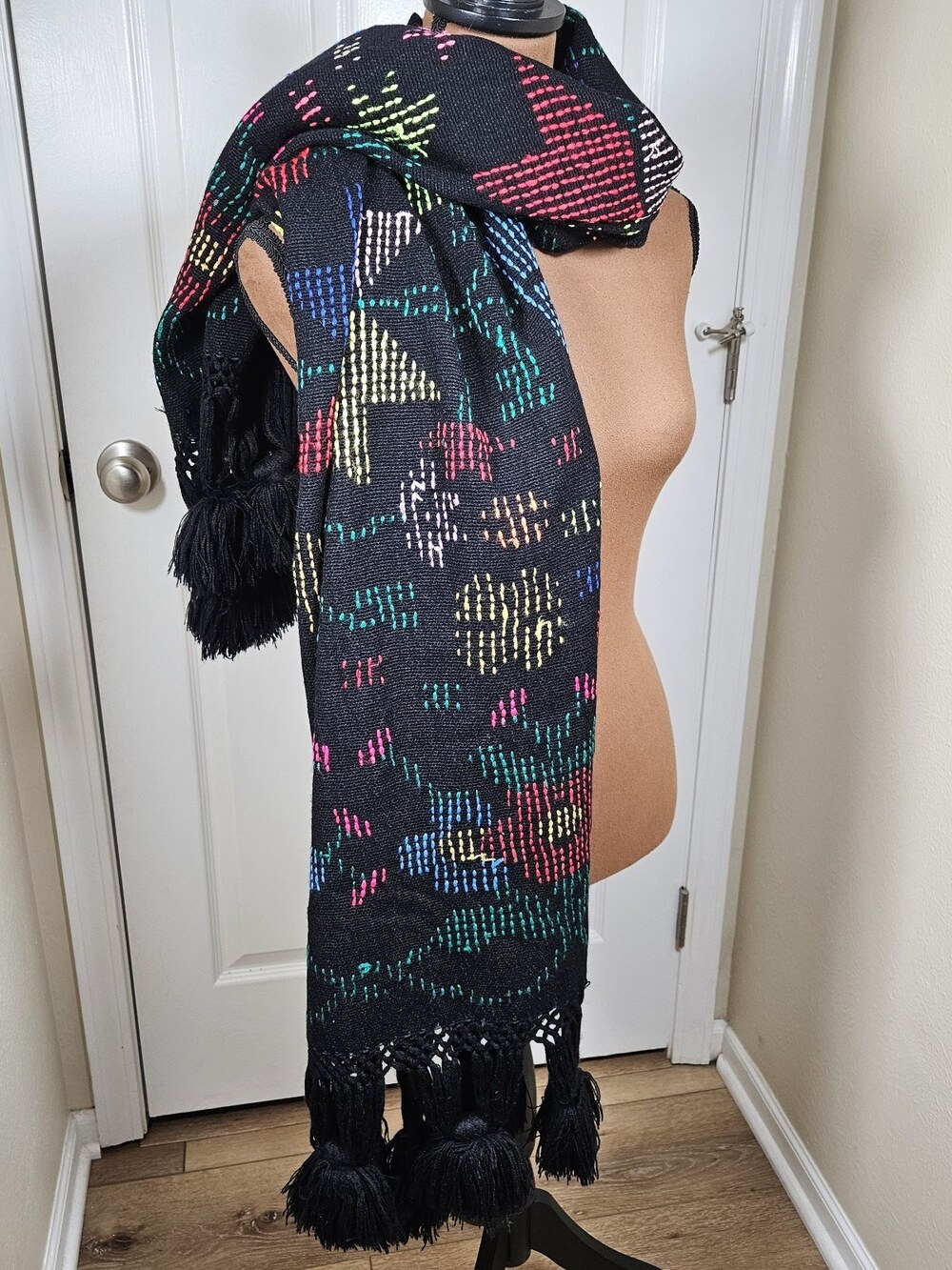 Boho Abstract Scarf 6 4x 25 Multicolor Black Fringe Tassel Shawl Wrap Retro VTG